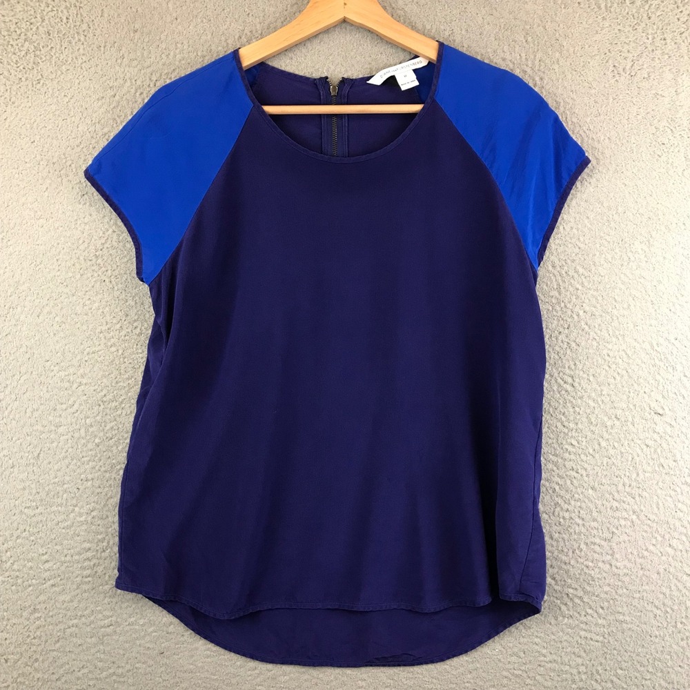 Diane von Furstenberg Silk Blouse Top Womens M Purple Blue Color Block Raglan